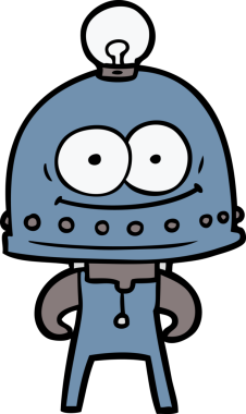 Bir insan tarafından çizilmiş ampullü mutlu karton robot.