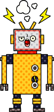 Bir insan tarafından çizilmiş bozuk bir robotun çizgi romanı.