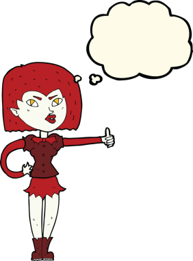 Bir insan tarafından çizilmiş düşünce baloncuğuyla baş parmağını kaldıran vampir kız.