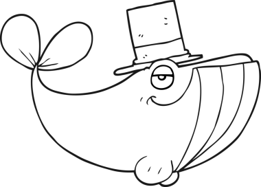 Bir insan tarafından çizilmiş silindir şapkalı siyah beyaz bir balina.