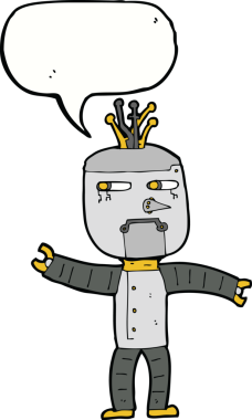 Bir insan tarafından çizilmiş konuşma balonu olan çizgi film robotu.