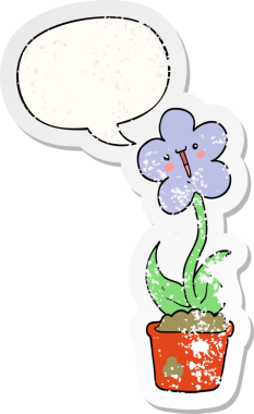 Konuşma baloncuğu olan sevimli bir karikatür çiçek bir insan tarafından çizilmiş sıkıntılı eski bir çıkartma