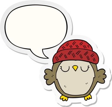 Bir insan tarafından çizilmiş konuşma kabarcığı etiketli şapkalı sevimli bir baykuş.