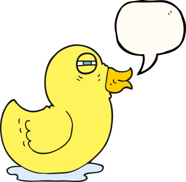 Bir insan tarafından çizilmiş serbest konuşma balonu çizilmiş plastik ördek.