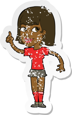 Bir insan tarafından çizilmiş, karikatürlü, kederli, güzel bir kızın retro yapıştırması.