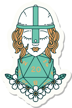 İnsan dövüşçüsünün çıkartması. Bir insan tarafından çizilmiş 20 D20 zarlı.