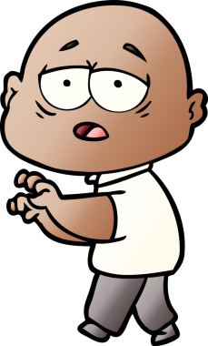 Bir insan tarafından çizilmiş yorgun, kel bir adam.