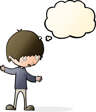 Bir insan tarafından çizilmiş düşünce baloncuğuyla kollarını açmış çizgi film çocuğu.