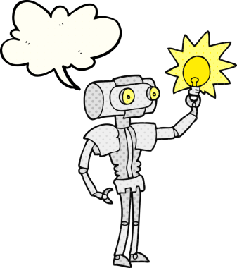 Bir insan tarafından çizilmiş ampullü çizgi roman konuşma balonu çizgi film robotu.
