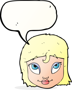 Bir insan tarafından çizilmiş konuşma balonuyla gülümseyen çizgi film kadını.