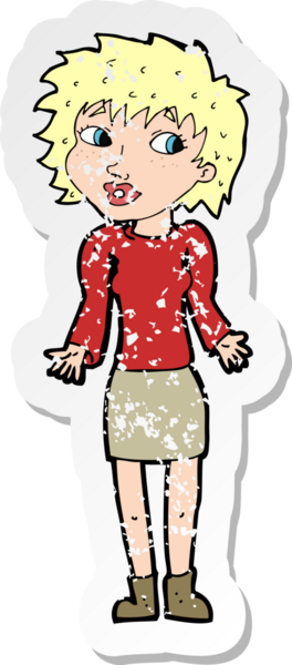 Bir insan tarafından çizilmiş omuzlarını silken karikatürlü bir kadının gerilmiş çıkartması.