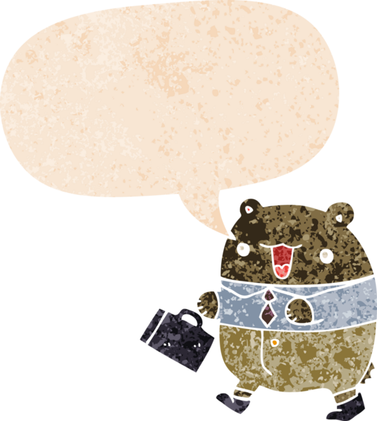 Bir insan tarafından çizilmiş grunge sıkıntılı retro tarzı konuşma baloncuğu ile sevimli çizgi film iş ayısı