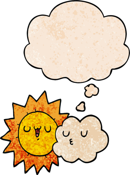 Bir insan tarafından çizilmiş grunge desenli düşünce baloncuklu çizgi film güneşi ve bulut