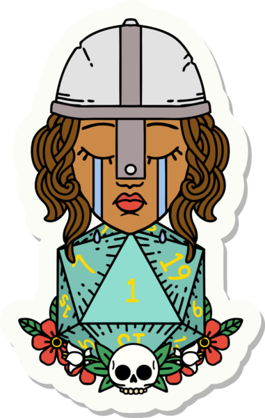 Ağlayan bir insan dövüşçüsünün çıkartması. Bir insan tarafından çizilmiş doğal bir D20 rulosu.