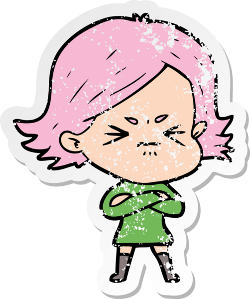 Bir insan tarafından çizilmiş kızgın bir kızın sıkıntılı çıkartması.