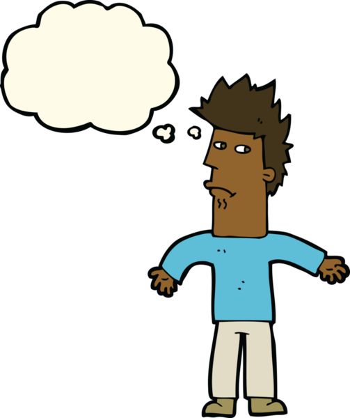 Bir insan tarafından çizilmiş düşünce baloncuğu olan kafası karışmış bir adam.