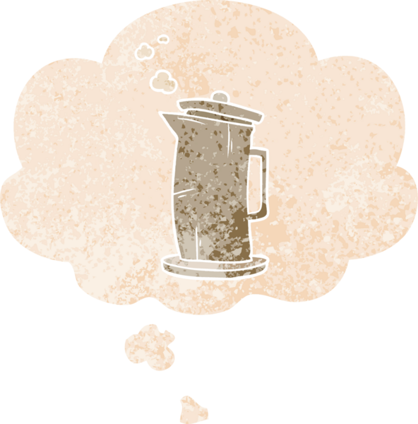 Düşünce baloncuklu eski bir çaydanlık grunge sıkıntılı retro dokuma tarzı bir insan tarafından çizilmiş