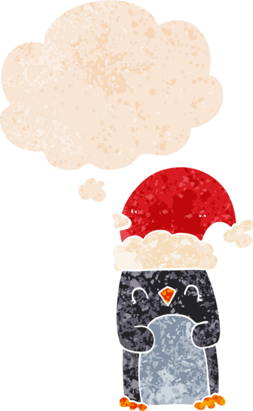 Düşünce baloncuğu olan karikatür pengueni bir insan tarafından çizilmiş dertli retro desenli.