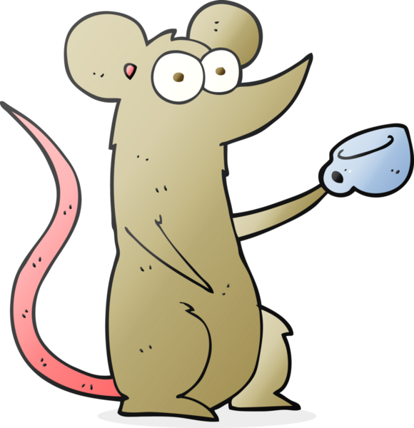 Bir insan tarafından çizilmiş kahve fincanı ile serbest çizilmiş çizgi film faresi.