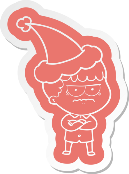 Bir insan tarafından çizilmiş Noel Baba şapkası giyen sinirli bir adamın garip çizgi film etiketi.