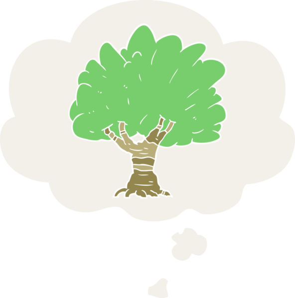 Düşünce baloncuğu olan çizgi film ağacı insan tarafından çizilmiş.