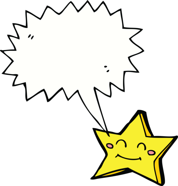 bir insan tarafından çizilmiş konuşma balonu olan mutlu bir yıldız karakteri.