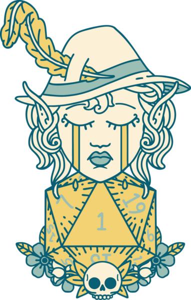 Retro Dövme Tarzı Ağlayan Elf Ozan Karakteri Bir insan tarafından çizilmiş doğal D20 rulo