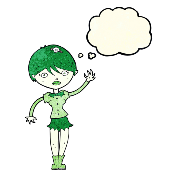 Bir insan tarafından çizilmiş düşünce balonuyla el sallayan vampir kız.