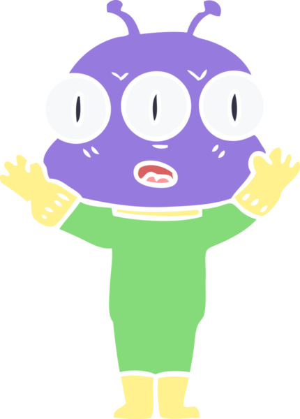 Düz renkli karikatür. Bir insan tarafından çizilmiş üç gözlü uzaylı.