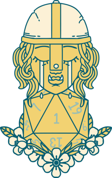 Retro Dövme Tarzı Ağlayan Ork Savaşçısı Karakteri Bir insan tarafından çizilmiş doğal bir D20 rulosu