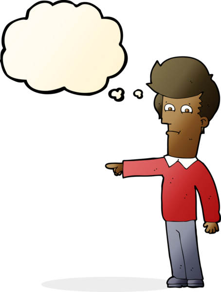 Bir insan tarafından çizilen düşünce baloncuğuyla işaret eden çizgi film adamı.