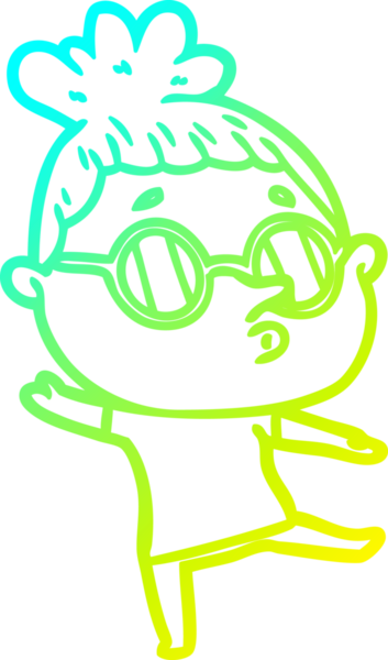 Bir insan tarafından çizilmiş gözlük takan çizgi film kadını çizimi.