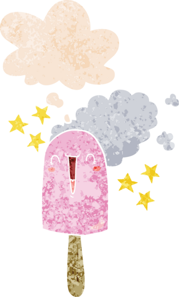 Düşünce baloncuğu ve grunge ile sevimli buz lolipop çizgi film bir insan tarafından çizilmiş sıkıntılı retro dokuma tarzı