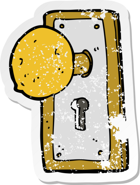 Bir insan tarafından çizilmiş eski bir kapı tokmağının retro sıkıntılı çıkartması.