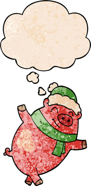 Karikatür domuzu Noel şapkası takıyor ve insan tarafından çizilmiş grunge desenli bir düşünce balonu taşıyor.