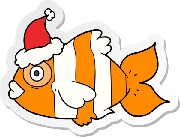 Bir insan tarafından çizilmiş Noel Baba şapkası takan egzotik bir balığın el yazısı.