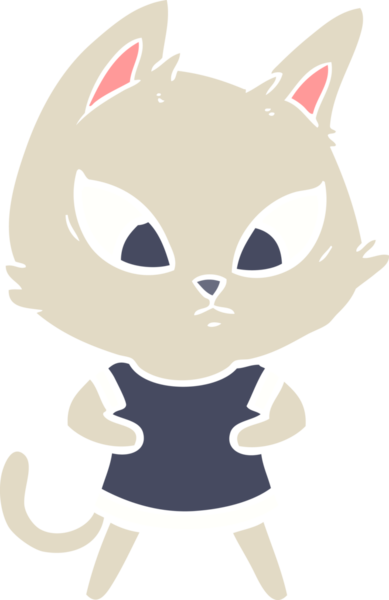 Bir insan tarafından çizilmiş kıyafetlerle karışık düz renkli çizgi film kedisi.