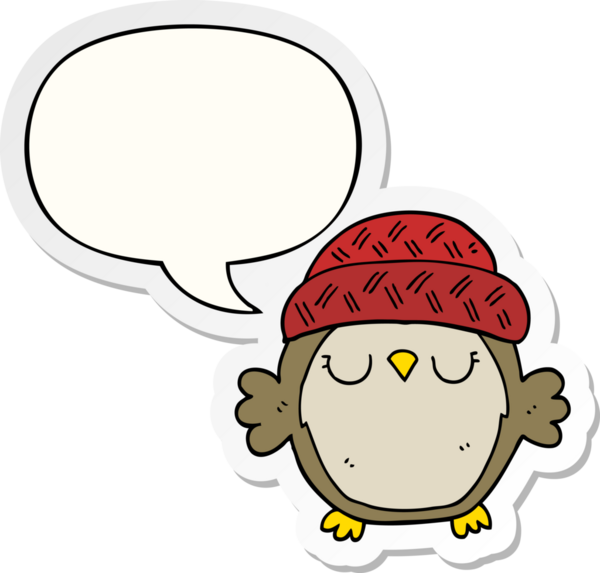 Bir insan tarafından çizilmiş konuşma kabarcığı etiketli şapkalı sevimli bir baykuş.