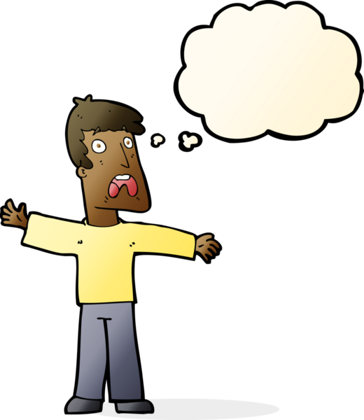 Bir insan tarafından çizilmiş düşünce baloncuğu olan korkmuş bir adam.