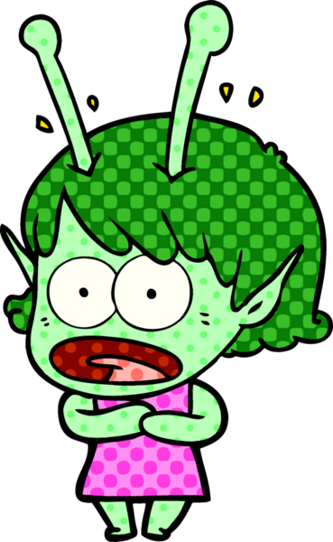 Karikatür, bir insan tarafından çizilen uzaylı kızı şok etti.