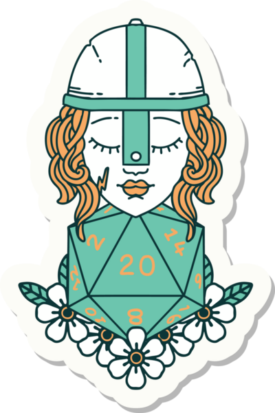 İnsan dövüşçüsünün çıkartması. Bir insan tarafından çizilmiş 20 D20 zarlı.