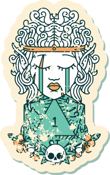 Retro Dövme Tarzı Ağlayan Elf Barbar Karakteri Bir insan tarafından çizilmiş doğal bir D20 rulosu