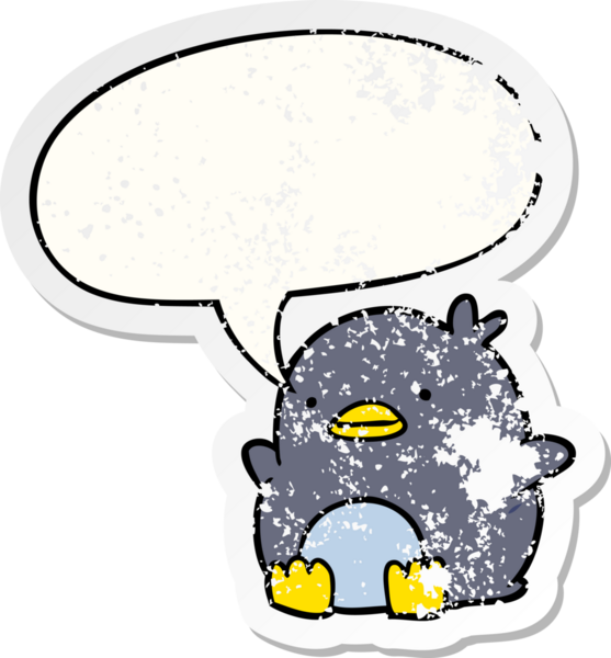 Konuşma baloncuğu olan sevimli penguen bir insan tarafından çizilmiş sıkıntılı eski bir çıkartma.