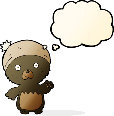 şapkalı şirin oyuncak ayı ve bir insan tarafından çizilmiş düşünce balonu.