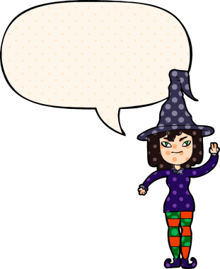 Bir insan tarafından çizilmiş çizgi roman tarzında konuşma balonu olan çizgi film cadısı.