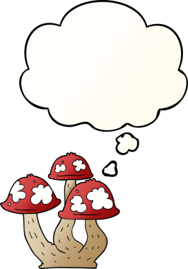 Düşünce baloncuklu karikatür mantarları bir insan tarafından çizilmiş.