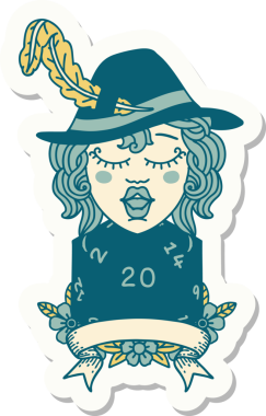 Bir insan ozan karakterinin çıkartması. Bir insan tarafından çizilmiş doğal 20 zar.