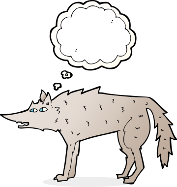 Bir insan tarafından çizilmiş düşünce balonlu bir kurt.