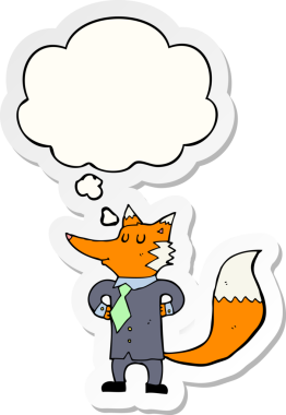 Düşünce baloncuğu insan tarafından çizilmiş bir çıkartma olan tilki çizgi film işadamı.