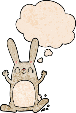 Bir insan tarafından çizilmiş grunge desenli düşünce baloncuklu çizgi film tavşanı.